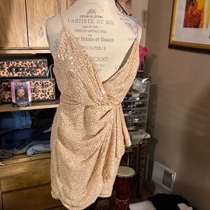 Champagne Sequin Wrap Mini Dress with Side Tie